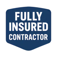 Blue badge with white text “Fully Insured Contractor” on plain background.