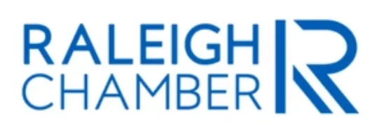 Blue Raleigh Chamber logo with bold uppercase text and stylized letter R on right.