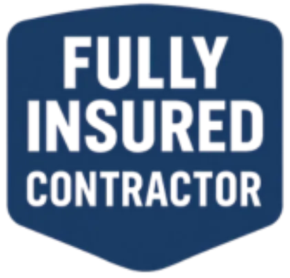 Blue badge with white text “Fully Insured Contractor” on plain background.