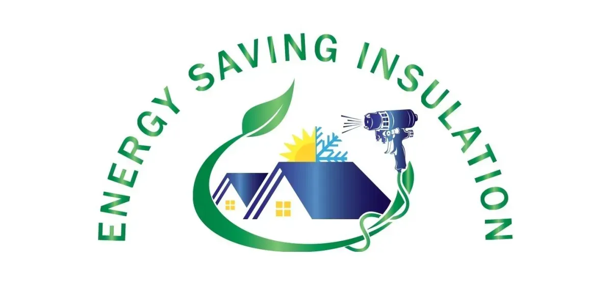 Energy Saving Insulation logo with house, leaf, sun, snowflake, and spray foam gun.