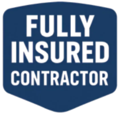 Blue badge with white text “Fully Insured Contractor” on plain background.