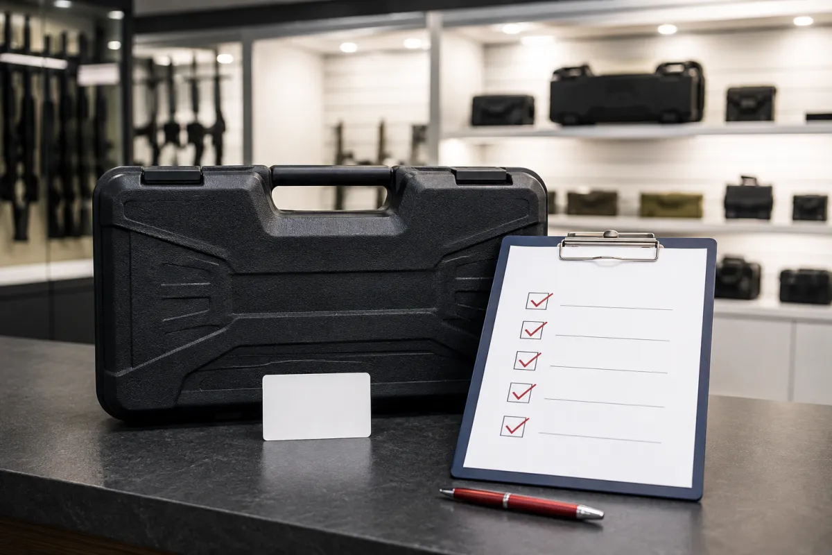 Closed firearm case beside an identification card and pickup checklist