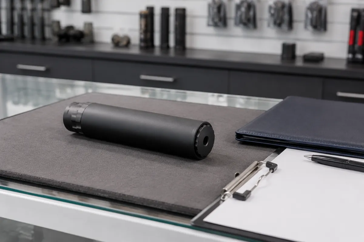 Unattached suppressor displayed beside transfer paperwork on a retail counter