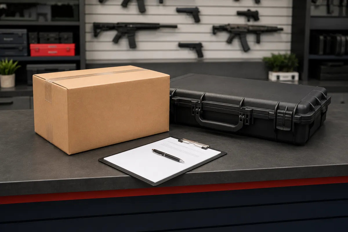 Shipping box, closed firearm case, and transfer paperwork on a retail counter