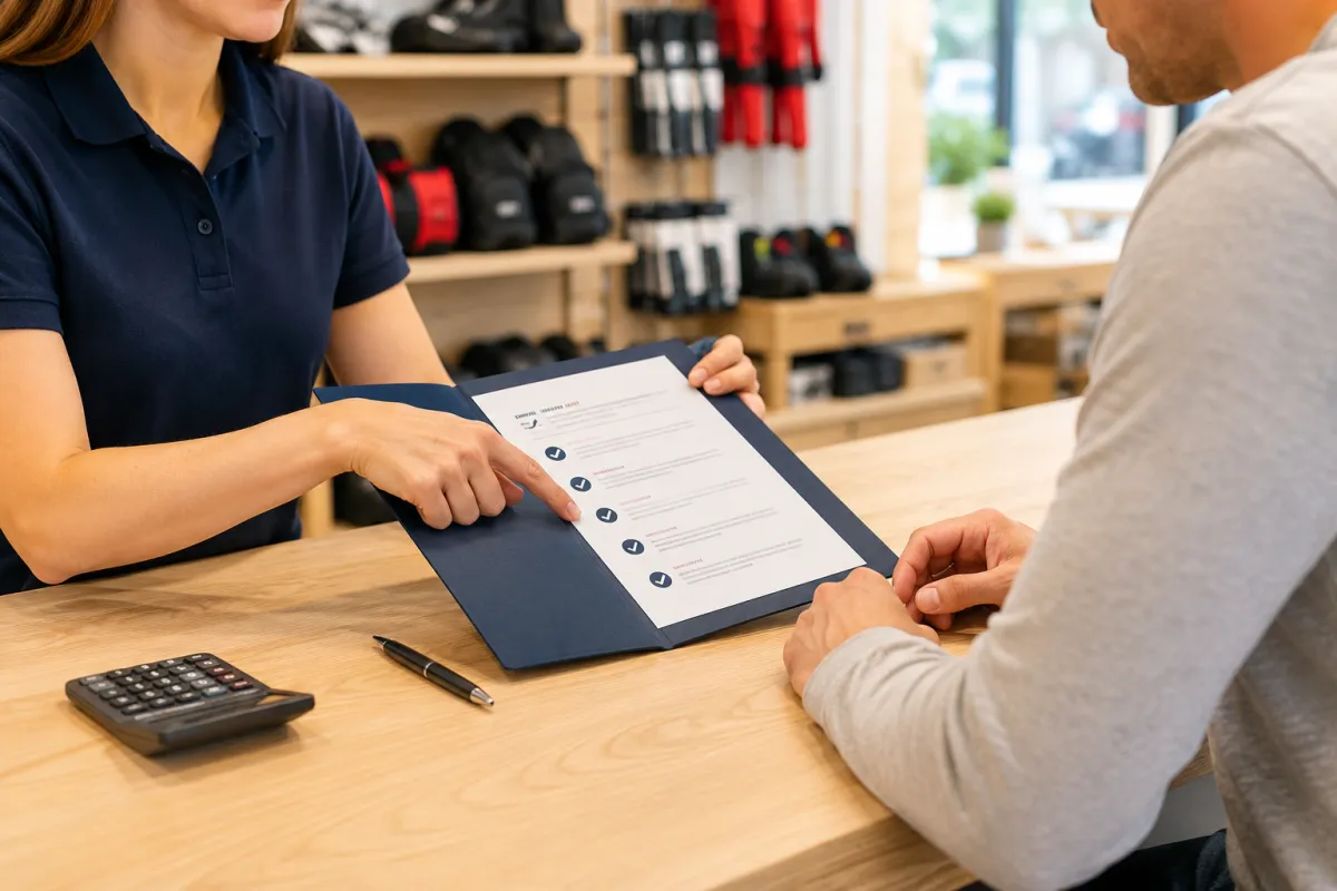An employee reviewing store policies with a customer at a retail counter.