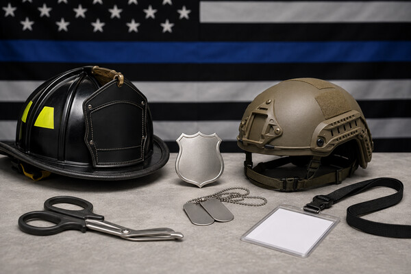 Military, law-enforcement, fire, and emergency medical service equipment displayed before a thin-blue-line American flag.