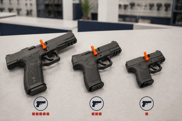 Three unloaded handguns in full-size, compact, and micro-compact sizes with visible chamber flags.