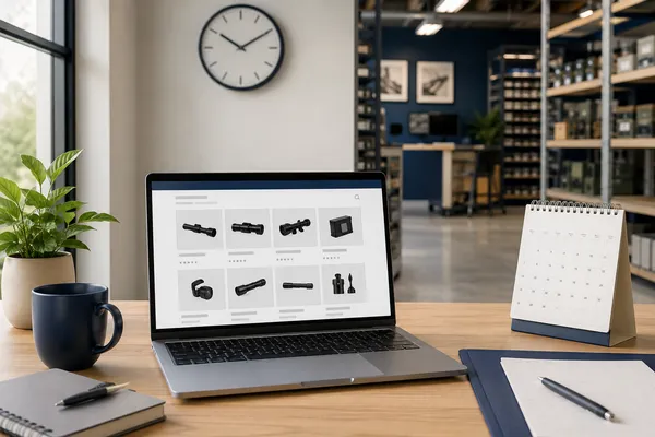 Laptop, calendar, and clock representing online firearm order processing at ISFA-4 Defense Supply Company.