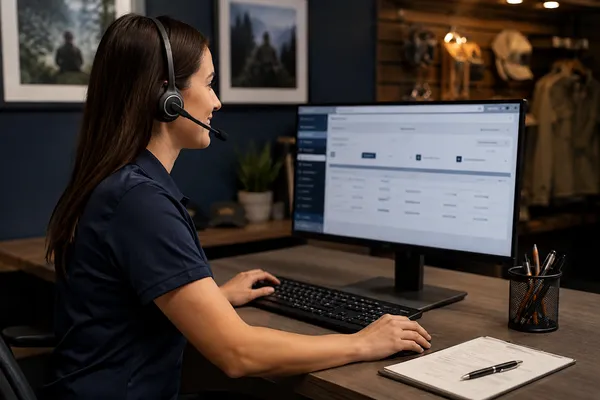 Customer-service employee reviewing an order-change request for ISFA-4 Defense Supply Company.