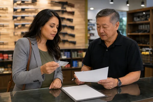 Customer reviewing firearm-transfer eligibility paperwork with a gun-shop employee
