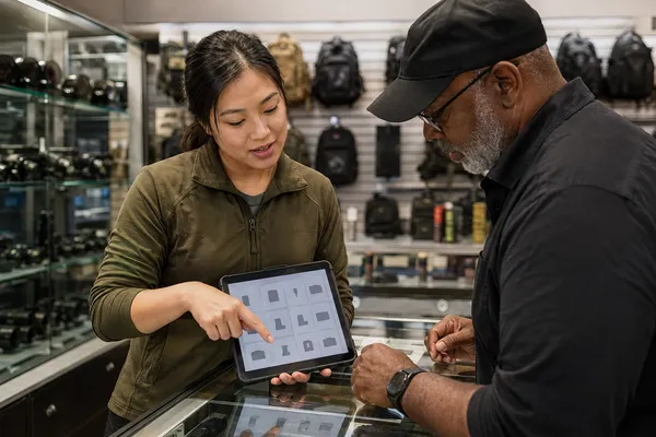 Employee helping a customer confirm product availability at ISFA-4 Defense Supply Company