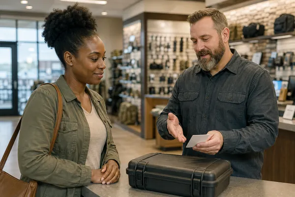 Employee explaining the used-firearm policy at ISFA-4 Defense Supply Company
