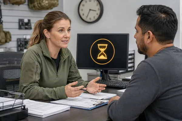 Employee explaining a delayed firearm background-check review to a customer
