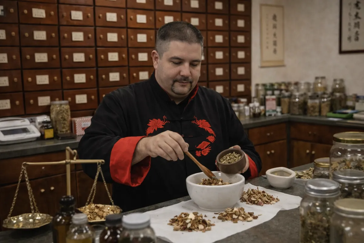 Martial arts master David Harris measuring dried medicinal herbs in a traditional clinic featuring a brass scale and labeled herb drawers.