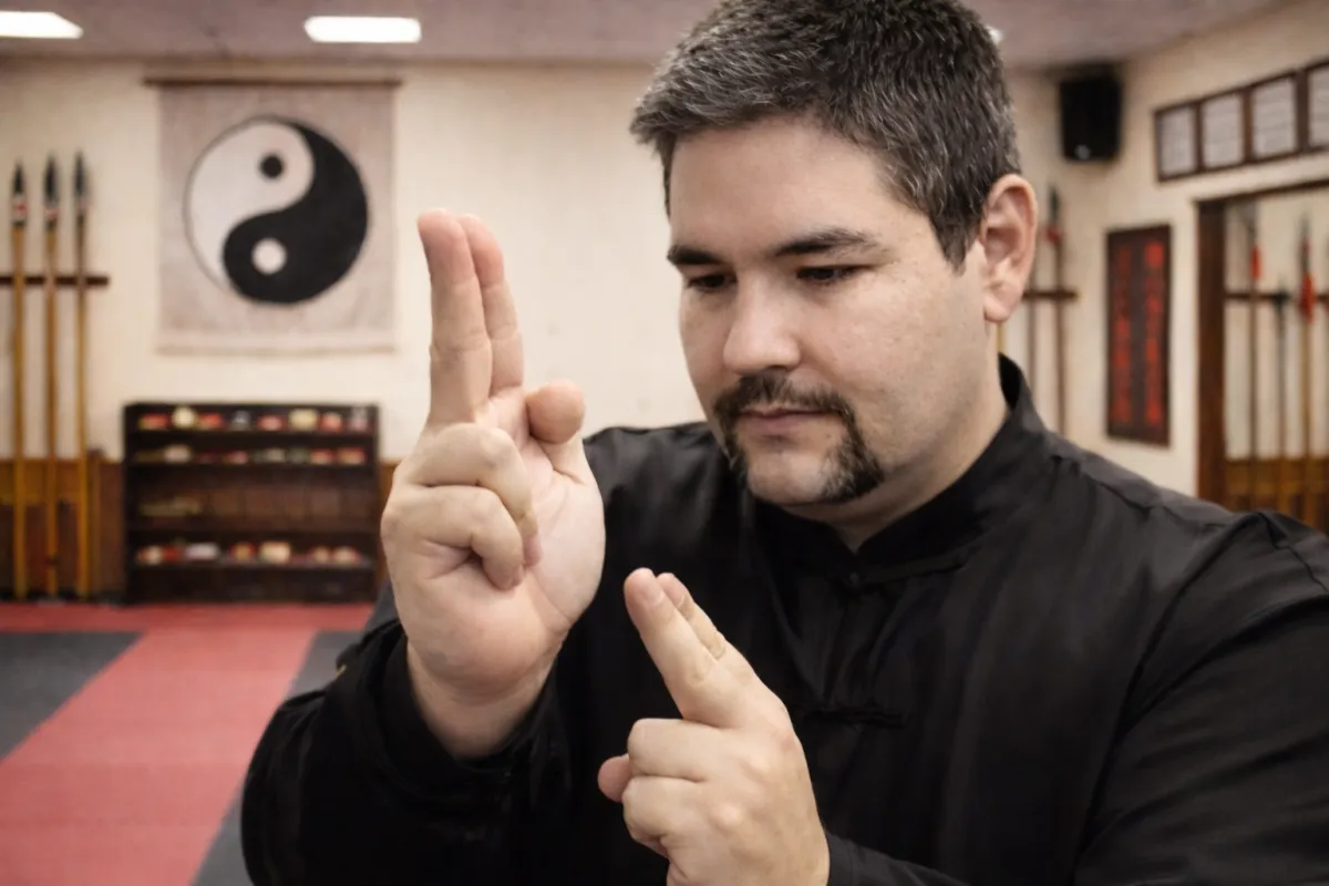 Grandmaster David Harris demonstrating the traditional 'sword finger' hand mudra in a martial arts dojo with a Yin Yang background.