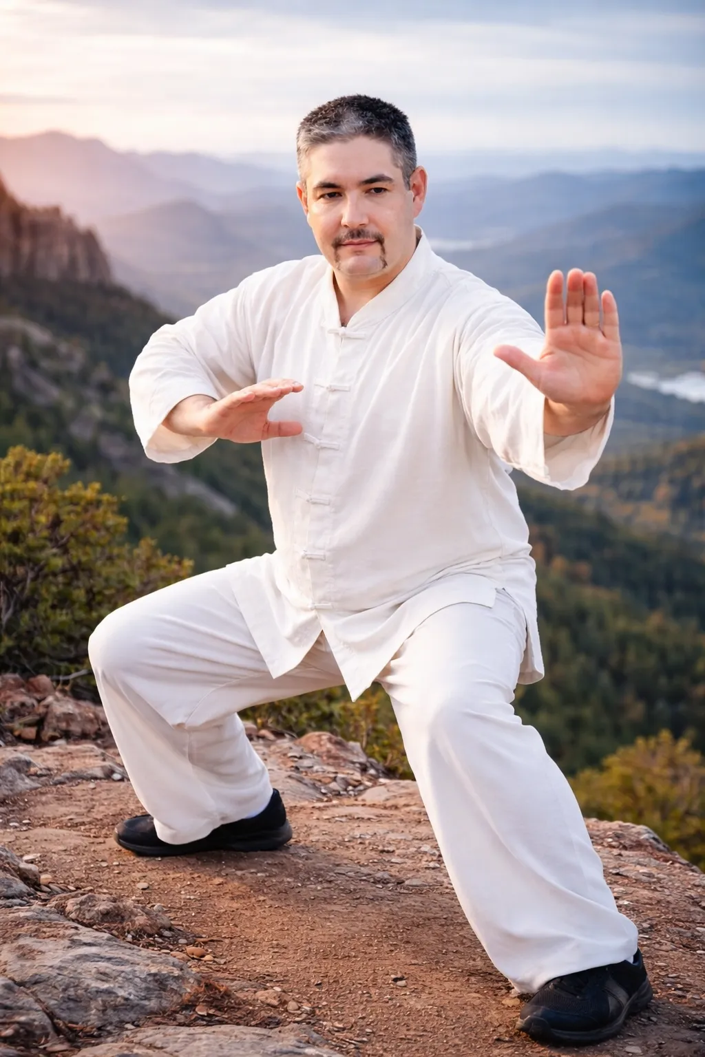 Martial arts expert Grandmaster David Harris demonstrating a focused open-hand strike technique in an outdoor mountain setting.