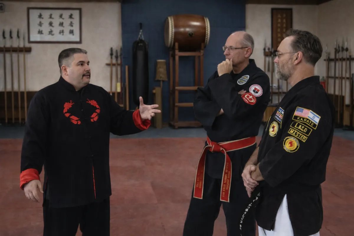 Grandmaster David Harris instructing two senior martial arts practitioners in a traditional dojo, featuring a large ceremonial drum and training equipment.