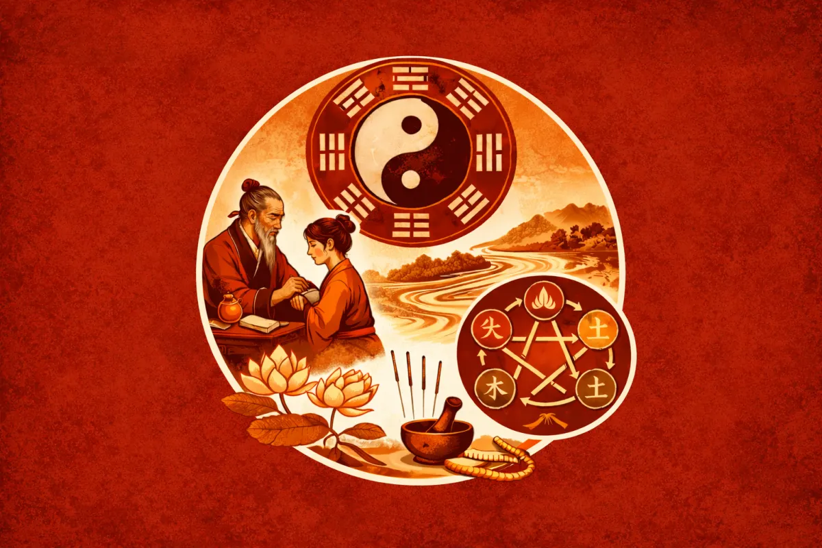 Traditional Chinese Medicine illustration featuring a Yin Yang Bagua symbol, the Five Elements cycle (Wu Xing), and a master teaching a student amidst medicinal herbs and a river landscape.