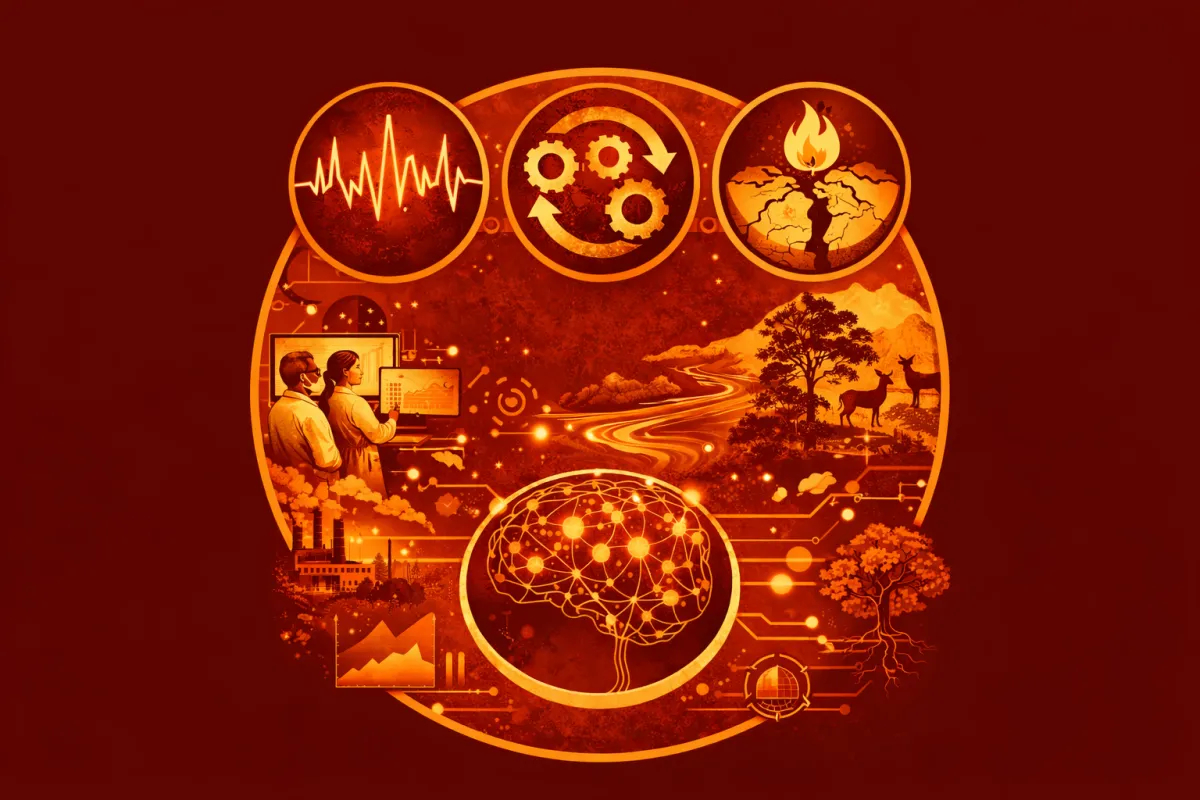 Conceptual graphic linking human biology and technology, showing a neural network, industrial manufacturing, and natural landscapes to represent the integration of science and nature.