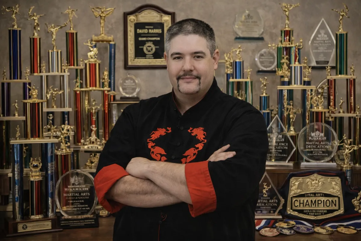 Martial arts expert Grandmaster David Harris posing with his professional championship belt, medals, and martial arts dedication plaques.