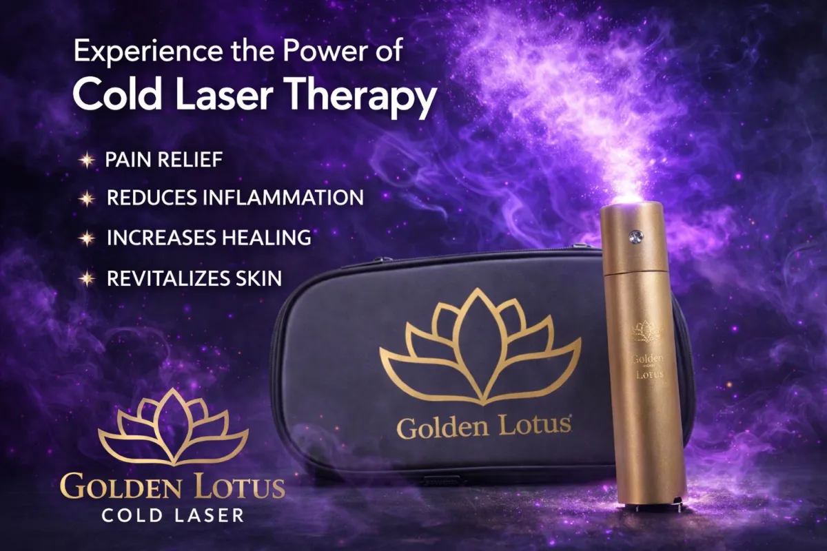 Golden Lotus Cold Laser therapy device emitting a purple light beam next to its branded carrying case and a list of healing benefits.