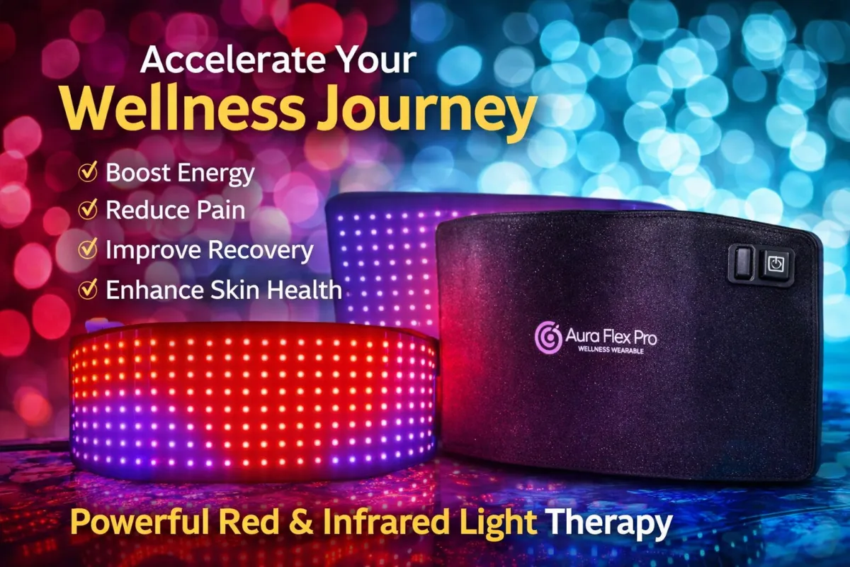 Aura Flex Pro red light therapy belt for targeted pain relief and muscle recovery featuring dual wavelength LED technology.
