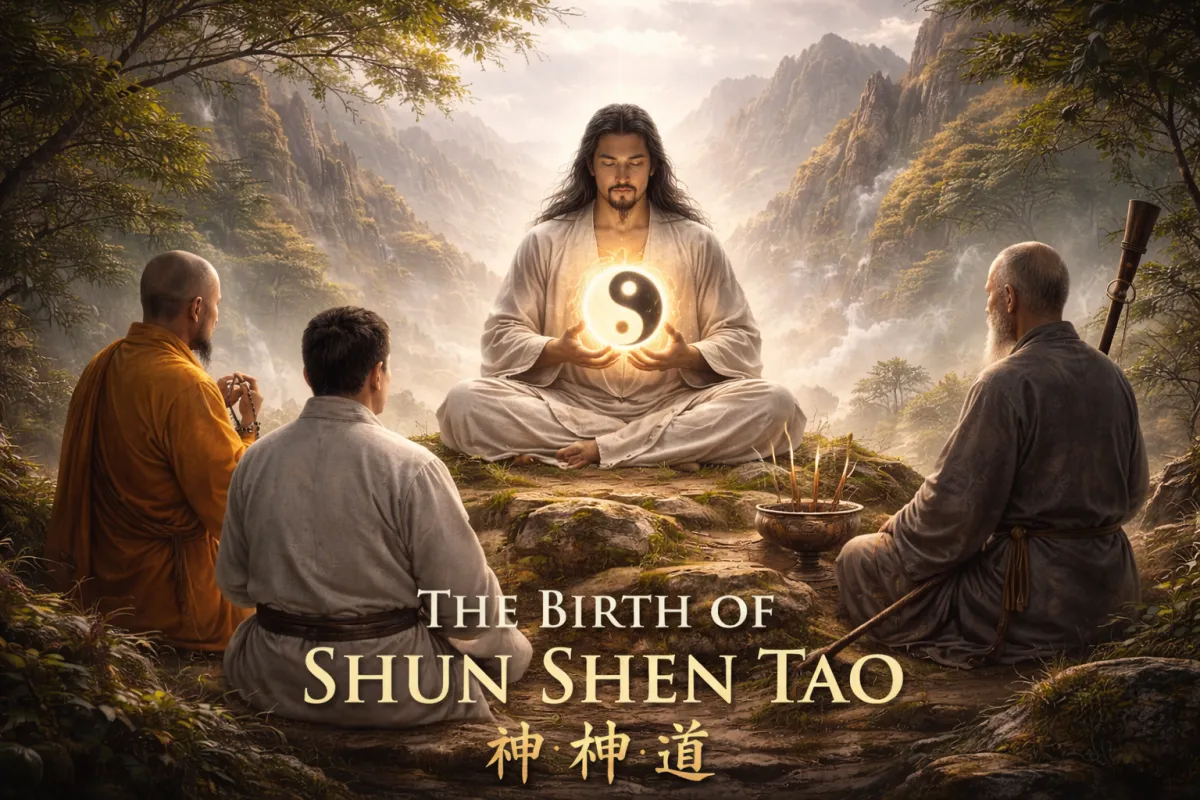 Practitioners observing a meditation master with a glowing energy sphere in the mountains for Shun Shen Tao martial arts.