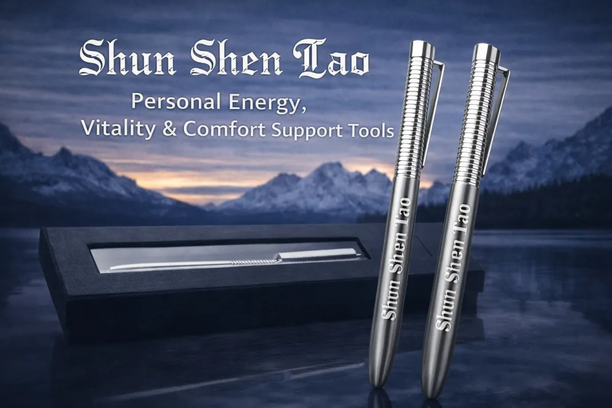 Shun Shen Tao energy pen tool for vitality and personal energy support, shown with presentation box and mountain backdrop.