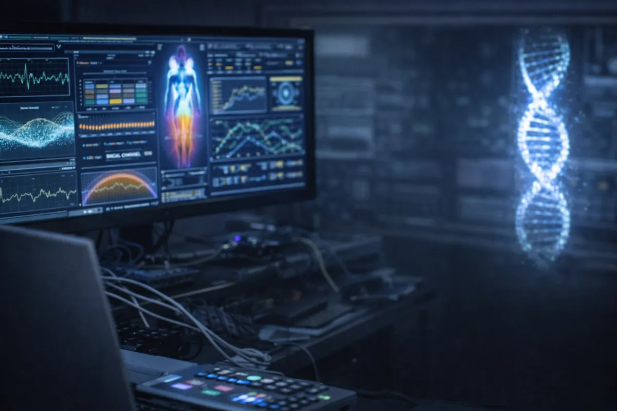 High-tech medical diagnostic machine with a digital interface showing a neural network, heart rate monitoring, and bio-mechanical data analysis.