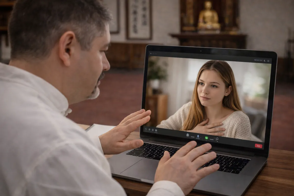 Grandmaster David Harris providing remote energetic support and spiritual coaching to a woman during an online consultation.