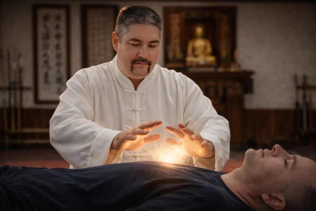 Grandmaster David Harris channeling light and energy during a healing session in a traditional temple setting.