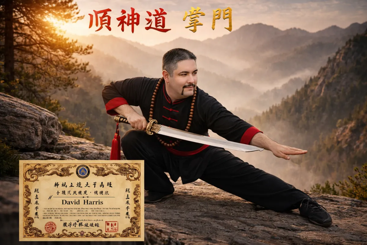 Martial arts Grandmaster David Harris demonstrating sword forms and traditional energy cultivation outdoors.