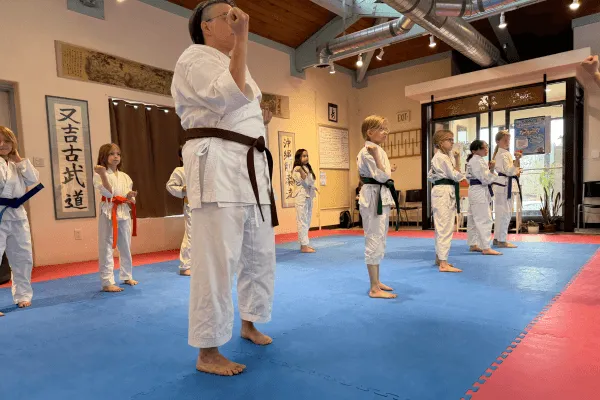 family practicing karate together smiling