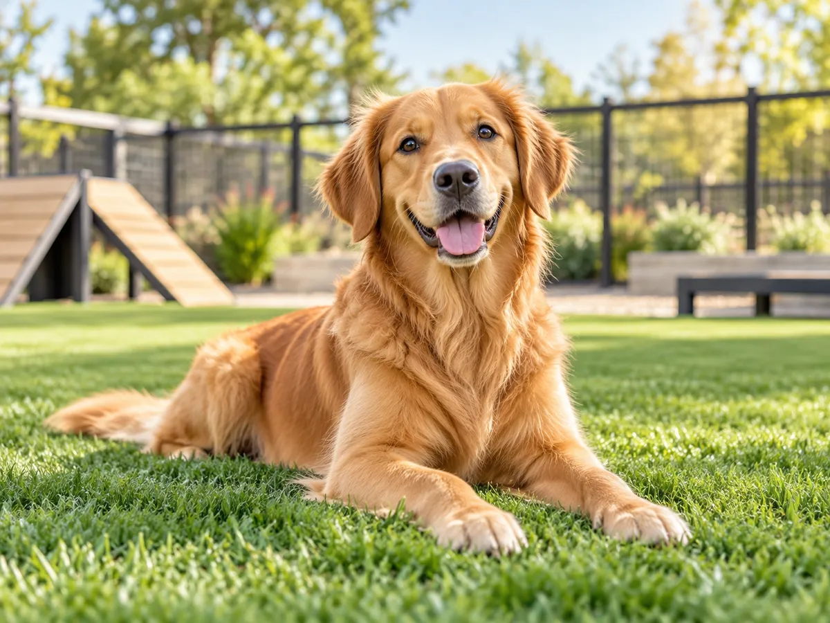 A dark grey fluffy dog resting its head on the ground looking forward
