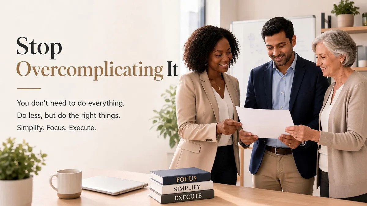 Three real estate agents reviewing a one-page business plan, Agent Performance Coaching podcast Episode 4, Stop Overcomplicating It