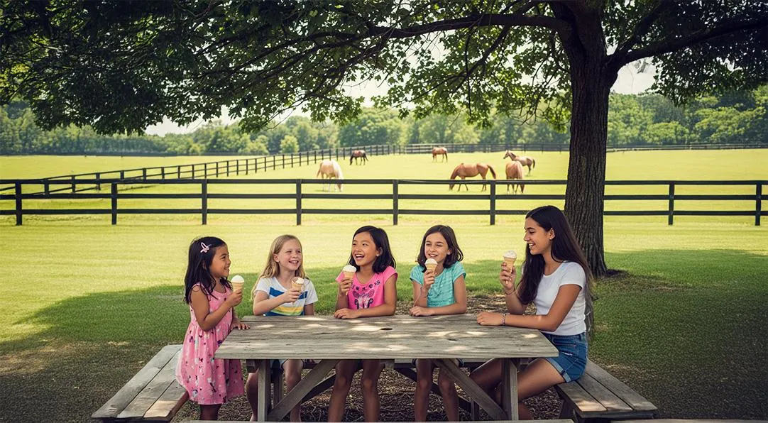 a young girl riding on the back of a brown horse