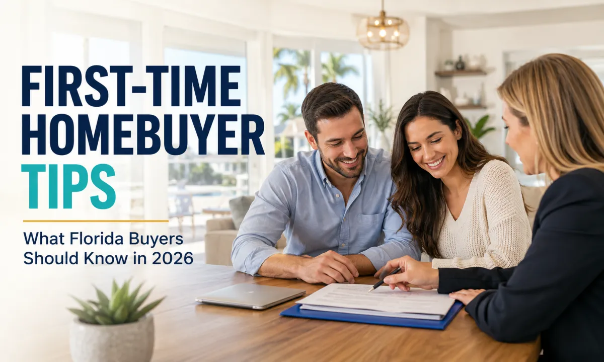 First-time homebuyers in Florida meeting with a mortgage loan officer to review financing and home loan options in a modern residential setting.