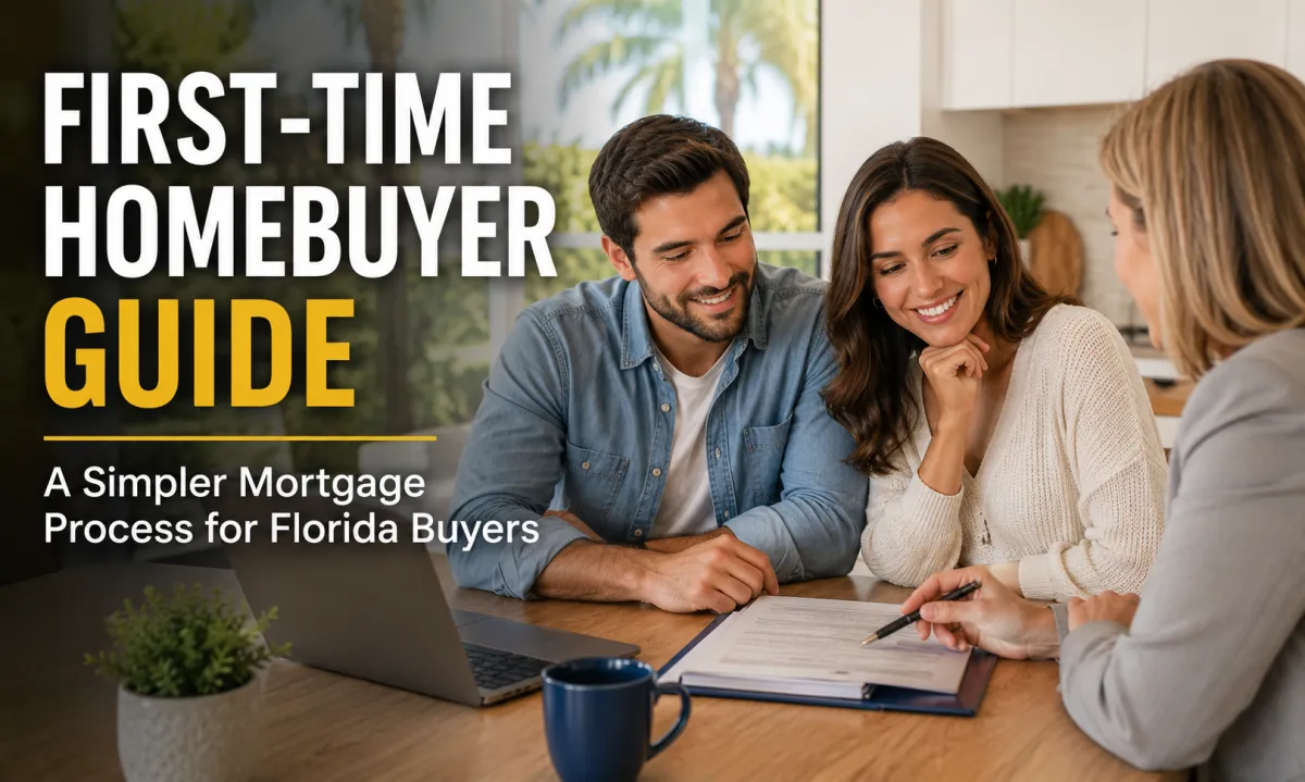 First-time homebuyers in Florida meeting with a mortgage advisor to review mortgage paperwork and financing options in a bright modern home.