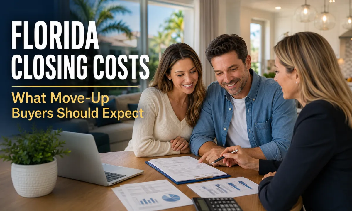 Florida move-up homebuyers reviewing mortgage closing costs, cash-to-close estimates, and home financing paperwork with a licensed mortgage professional in a modern residential setting.