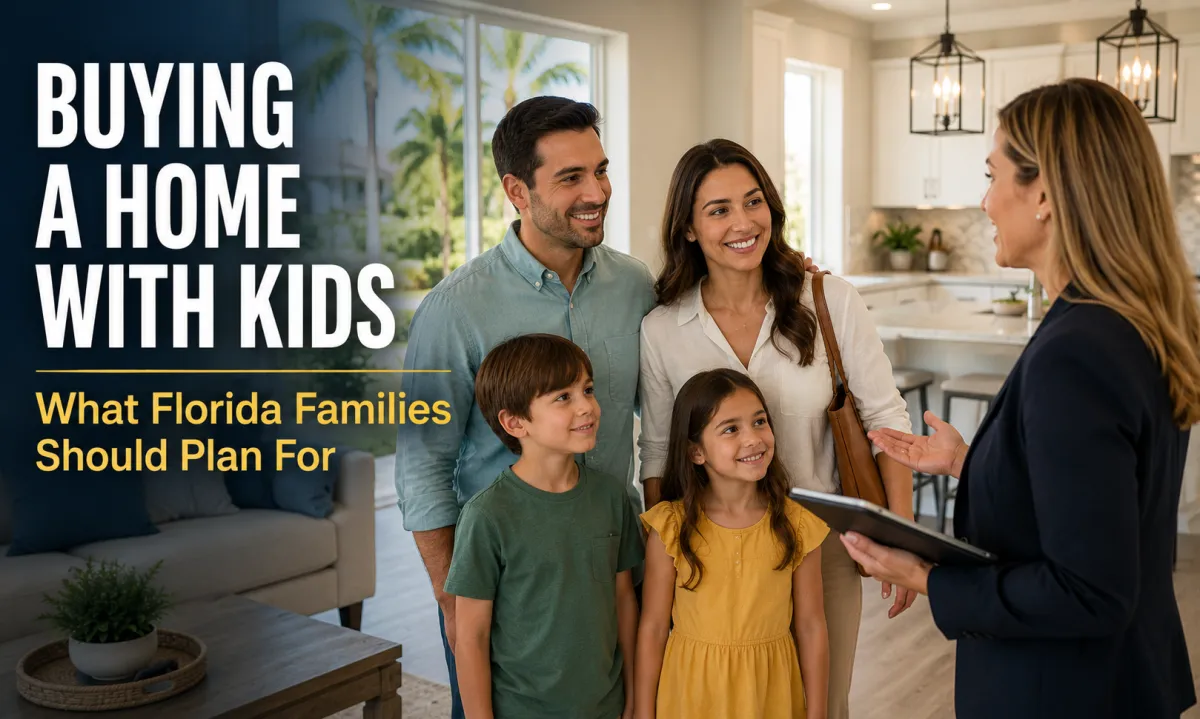 Florida family with children touring a modern home and discussing homebuying plans with a mortgage professional in a bright family-friendly setting.