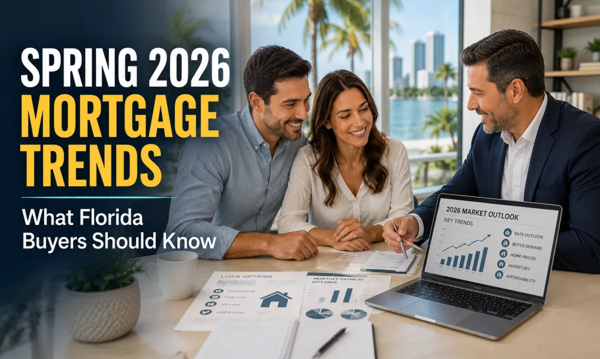 Florida homebuyers meeting with a mortgage professional to review Spring 2026 mortgage trends, financing options, and housing market strategies in a modern office setting.