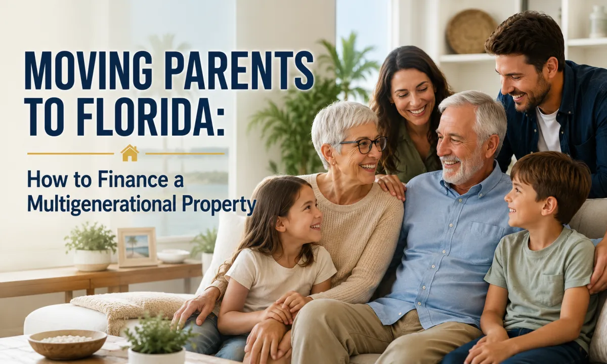 Multigenerational family in a modern Florida home discussing financing options for moving parents closer to family.