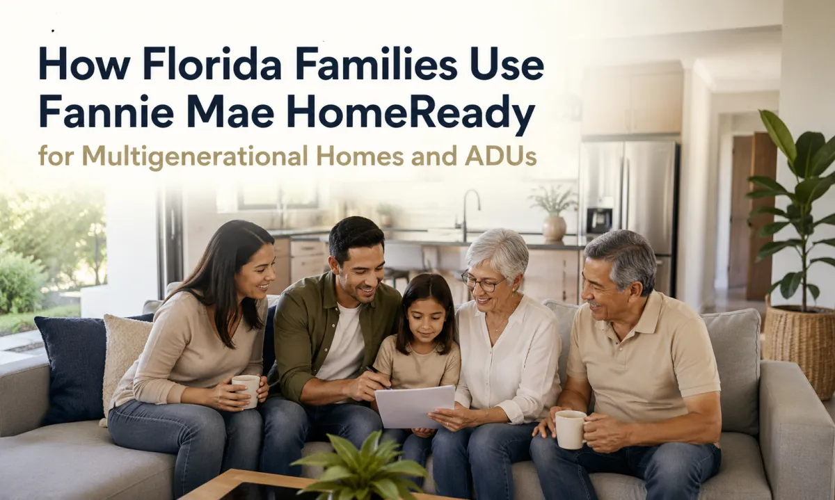 Florida multigenerational family reviewing home financing options together in a modern home for a Fannie Mae HomeReady and ADU mortgage article.