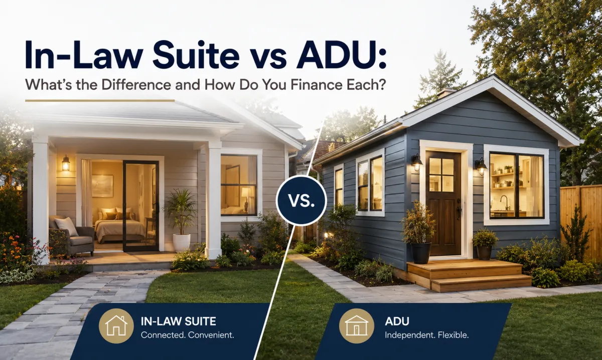 Side-by-side comparison of a Florida in-law suite and accessory dwelling unit with overlay text about financing differences for multigenerational housing.