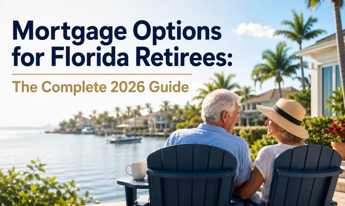 Florida retirees relaxing by the waterfront with overlay text about mortgage options, refinancing, reverse mortgages, and retirement home financing in 2026.