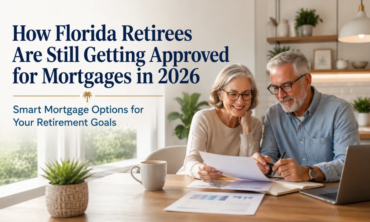 Florida retiree couple reviewing mortgage and retirement financing documents together at home with overlay text about mortgage approval options in 2026.