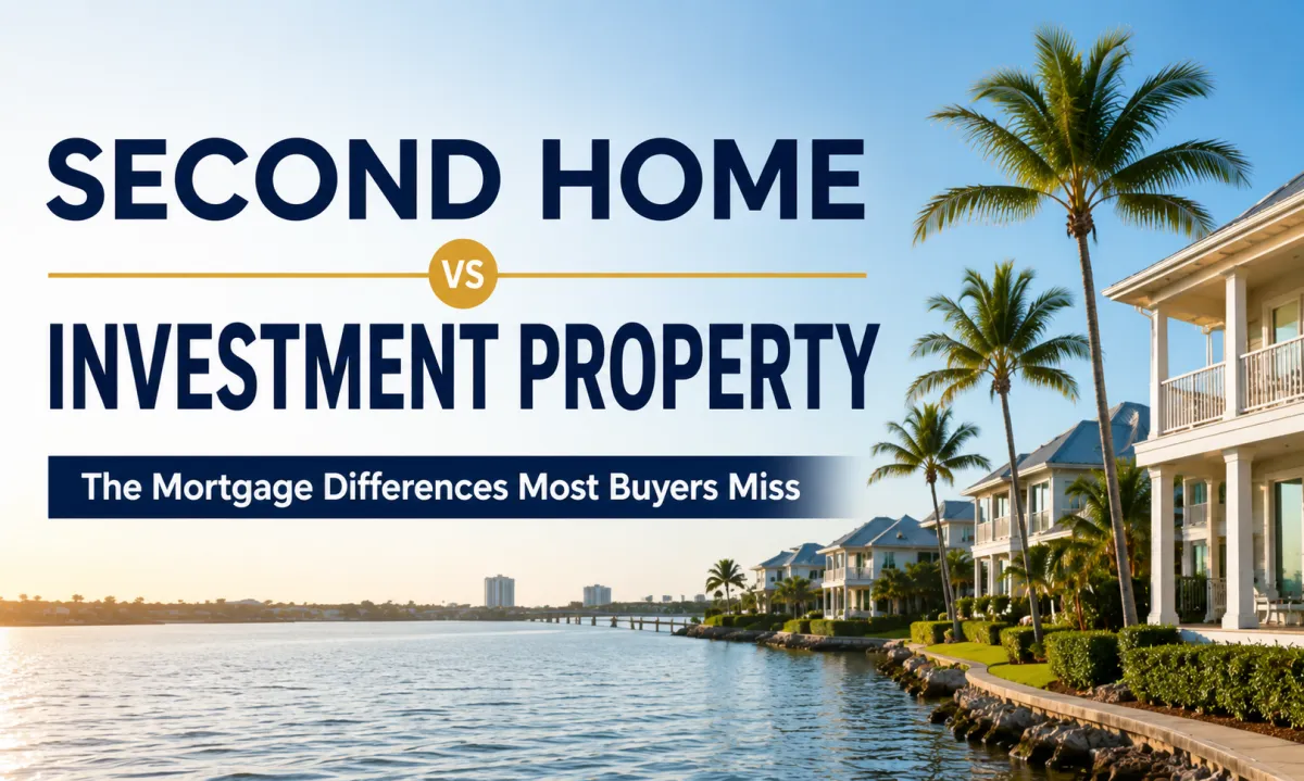 Florida waterfront homes and palm trees with overlay text comparing second homes and investment properties and explaining mortgage financing differences for buyers in Florida.