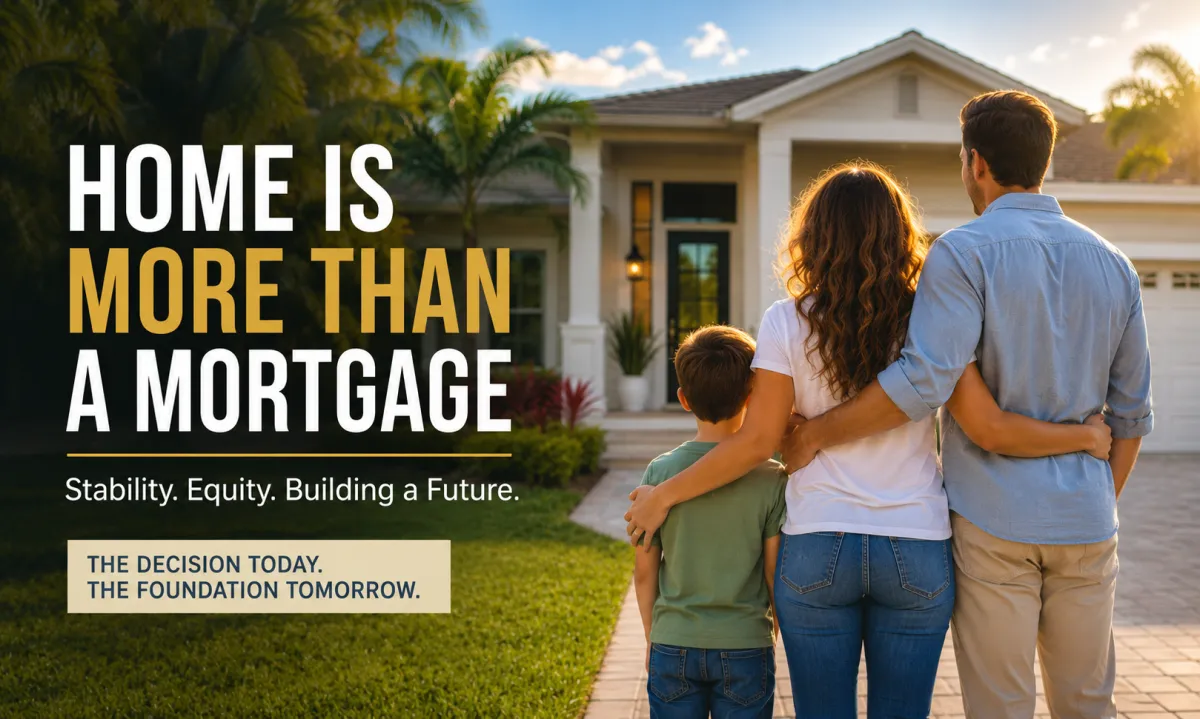 Florida family standing outside their newly purchased home at sunset representing stability, long term homeownership, and building a future through home financing.