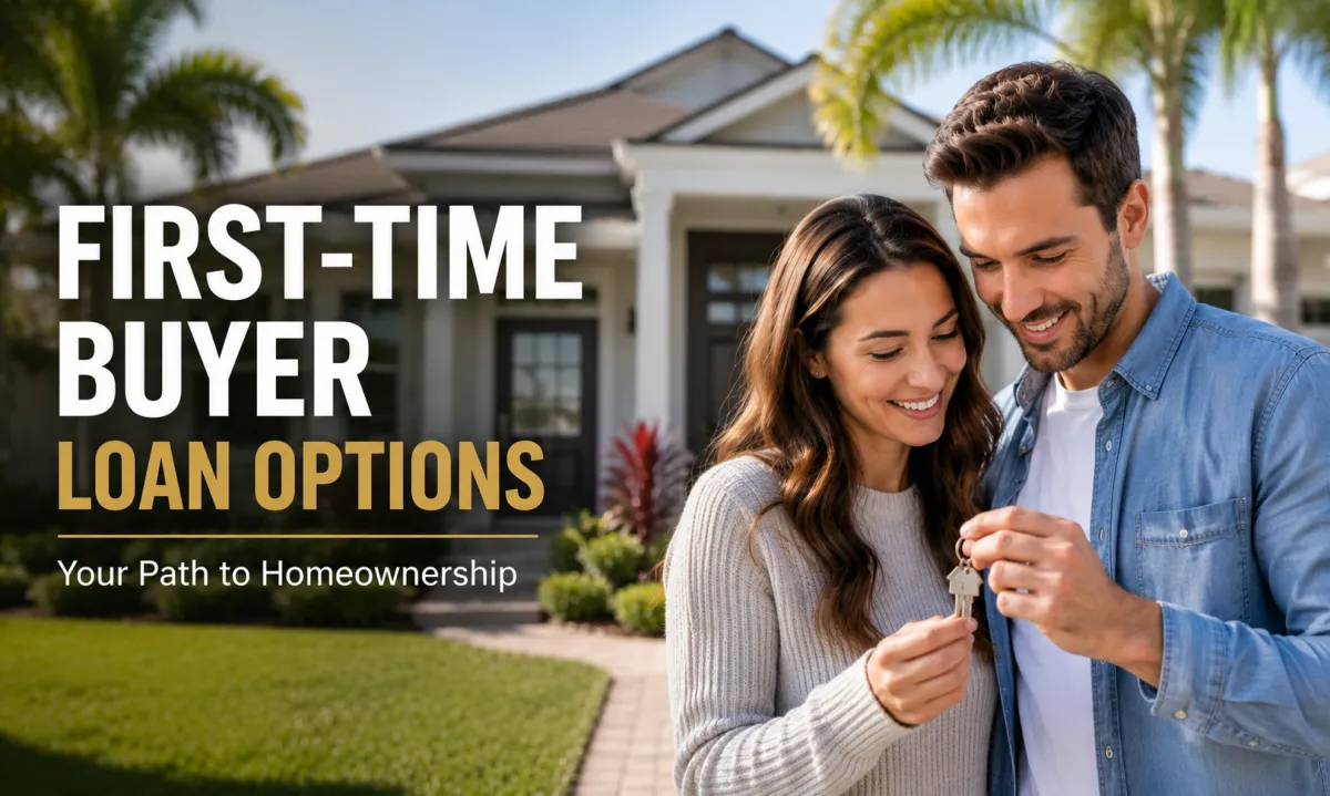 First time homebuyers standing outside a Florida home reviewing mortgage loan options including FHA, VA, USDA, and conventional financing programs in 2026.