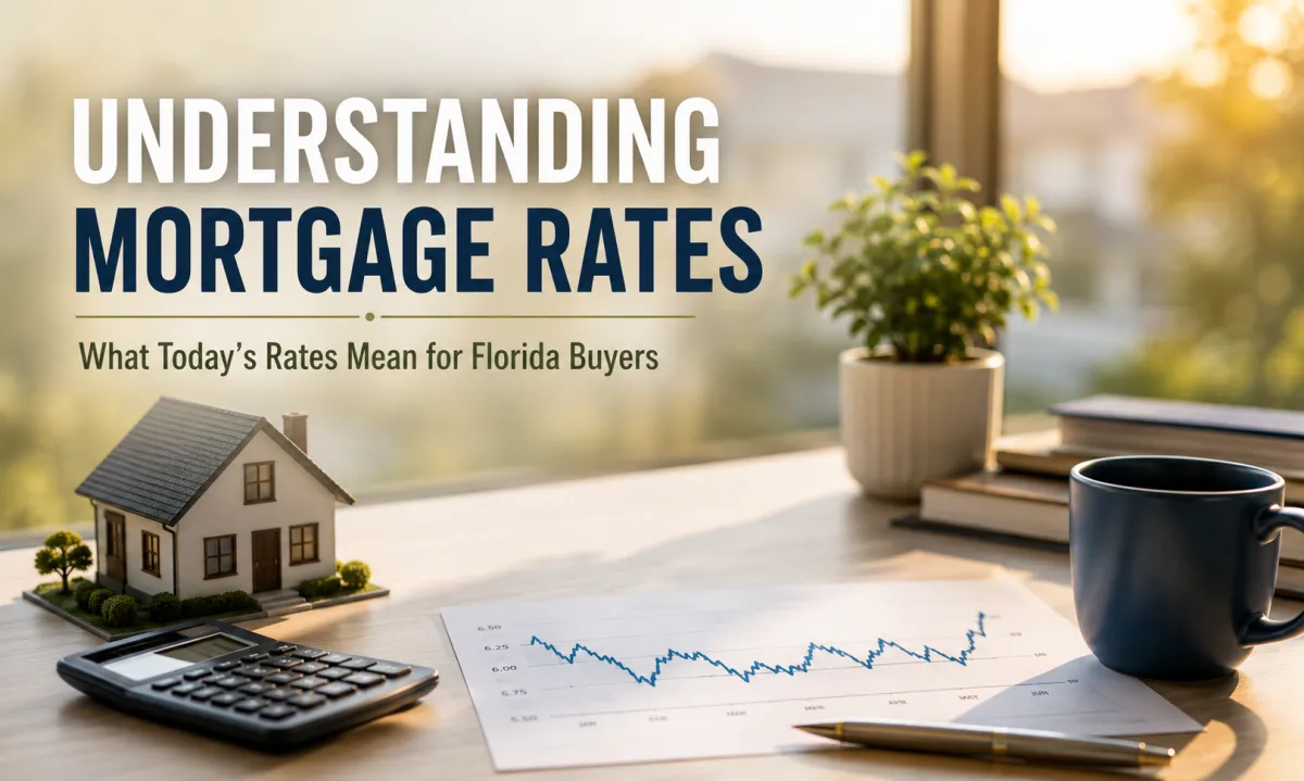Modern mortgage rate planning workspace with home model, calculator, and market chart representing Florida home financing and interest rate trends in 2026.